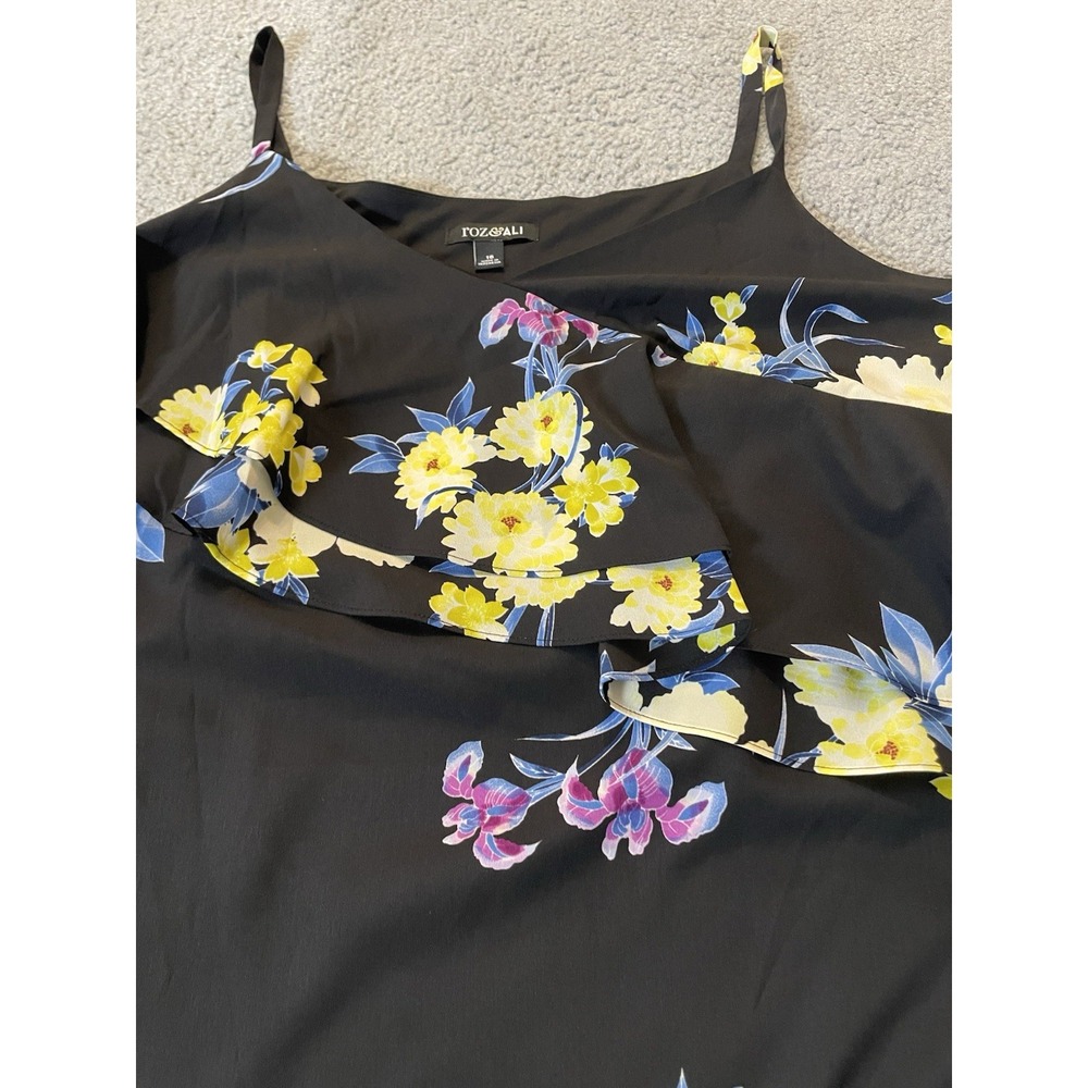 Roz Ali Layered Floral Dress 16 Black Yellow Slanted Hem Sleeveless Boho Party - Picture 5 of 13